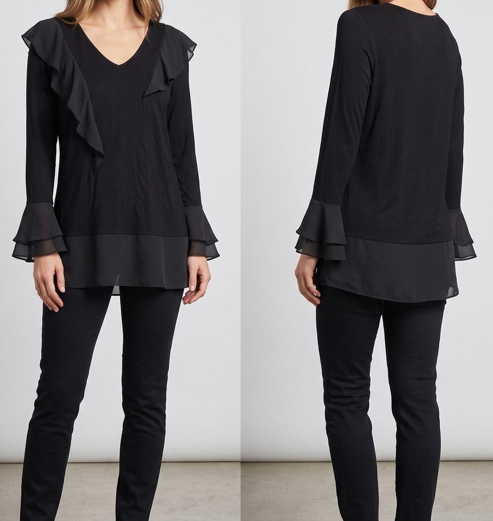 Massini Womens Medium Black Blouse Chiffon Ruffle Trim Flared Cuffs